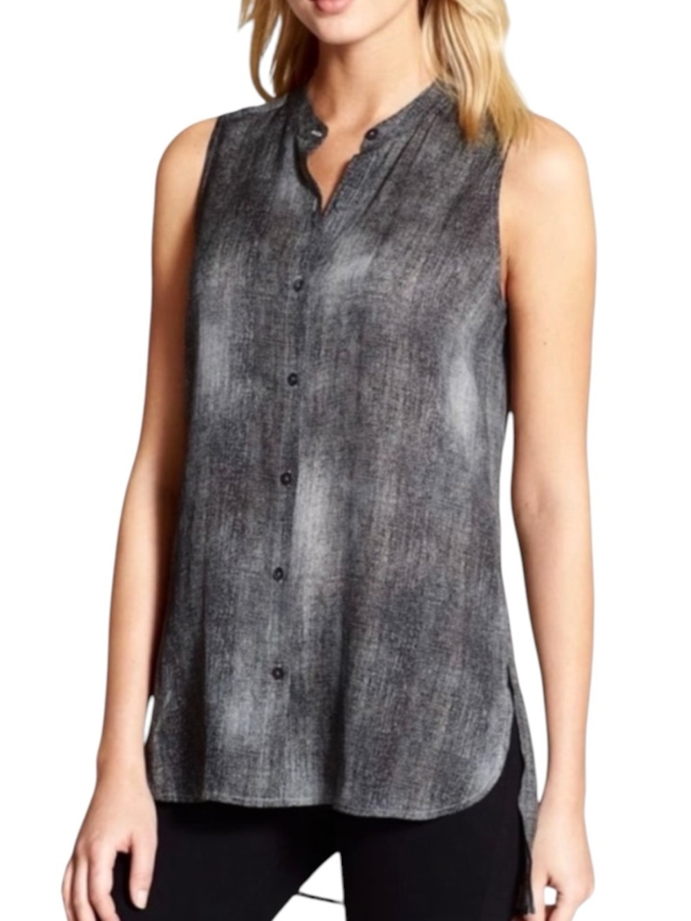 Eileen Fisher 100% Silk Granite Sleeveless High Low Button Tunic Top sz M
